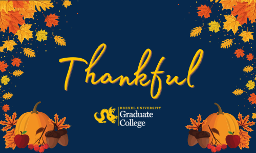 Navy Image with orange and yellow leaves with the word "Thankful" and the Graduate College logo